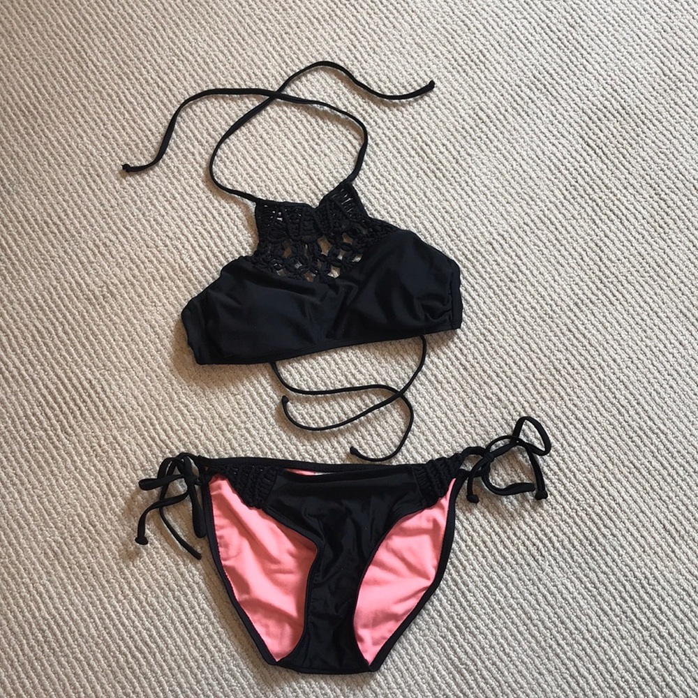 Black Crochet Design Halter-Top Bikini